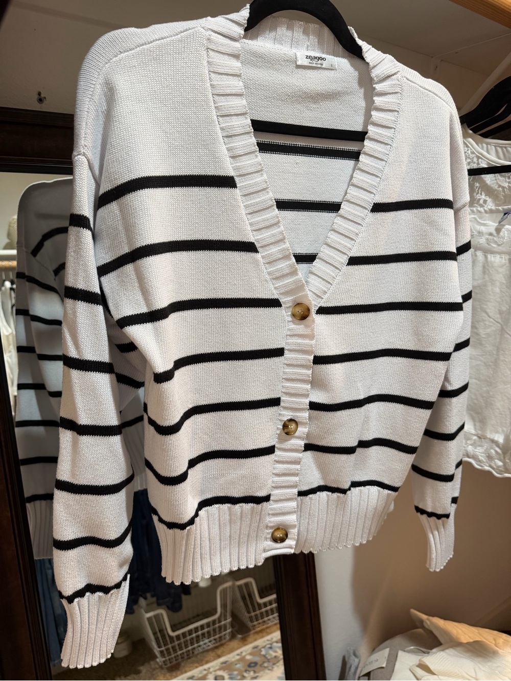 Black and White Striped Women’s Cardigan - Polyester Blend